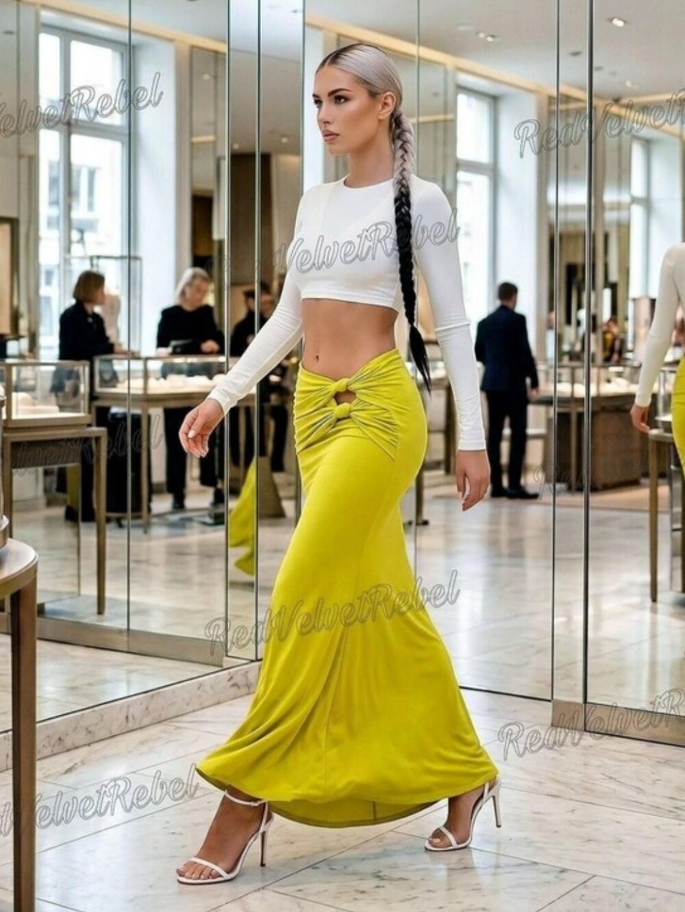 NWT Neon Yellow Jersey Knot Detailed Waist Flared Hem Maxi Skirt Sz M